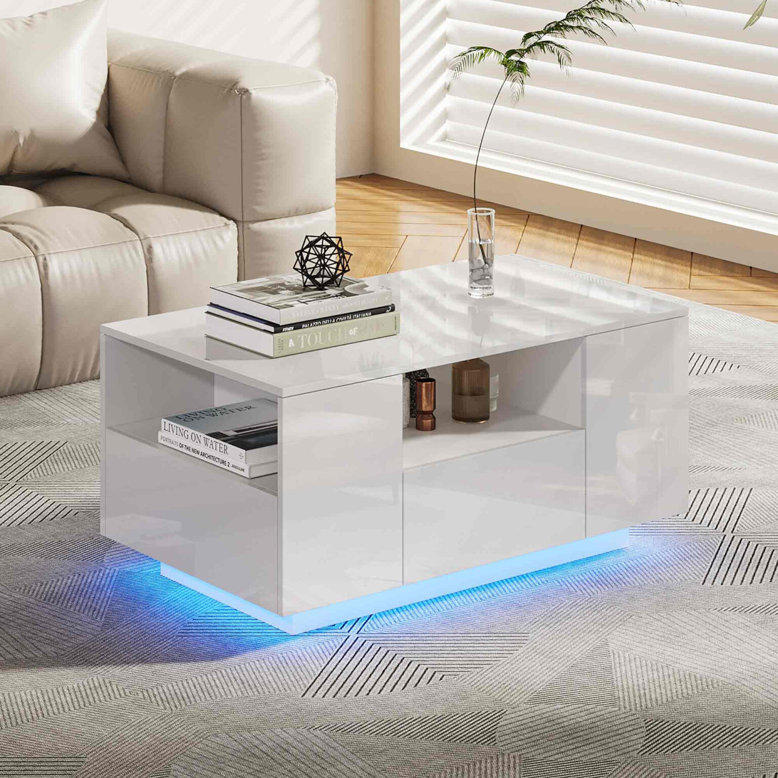 Makika Led Couchtisch / Design Wohnzimmertisch Mit Ablagefach Und in Wohnzimmertisch Hochglanz Weiß